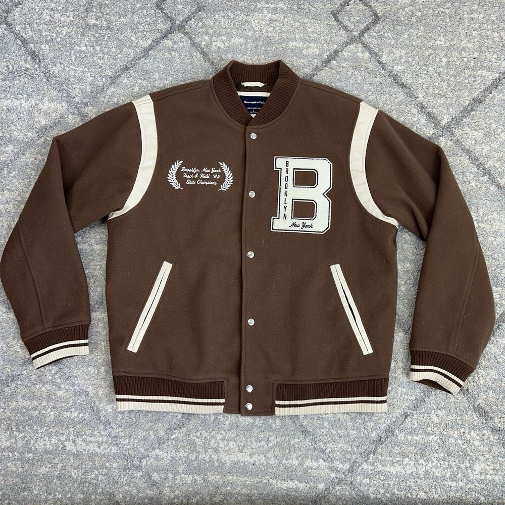 Vtg. Abercrombie & Fitch Varsity Men Bomber Jacket Brown Brooklyn New York 95